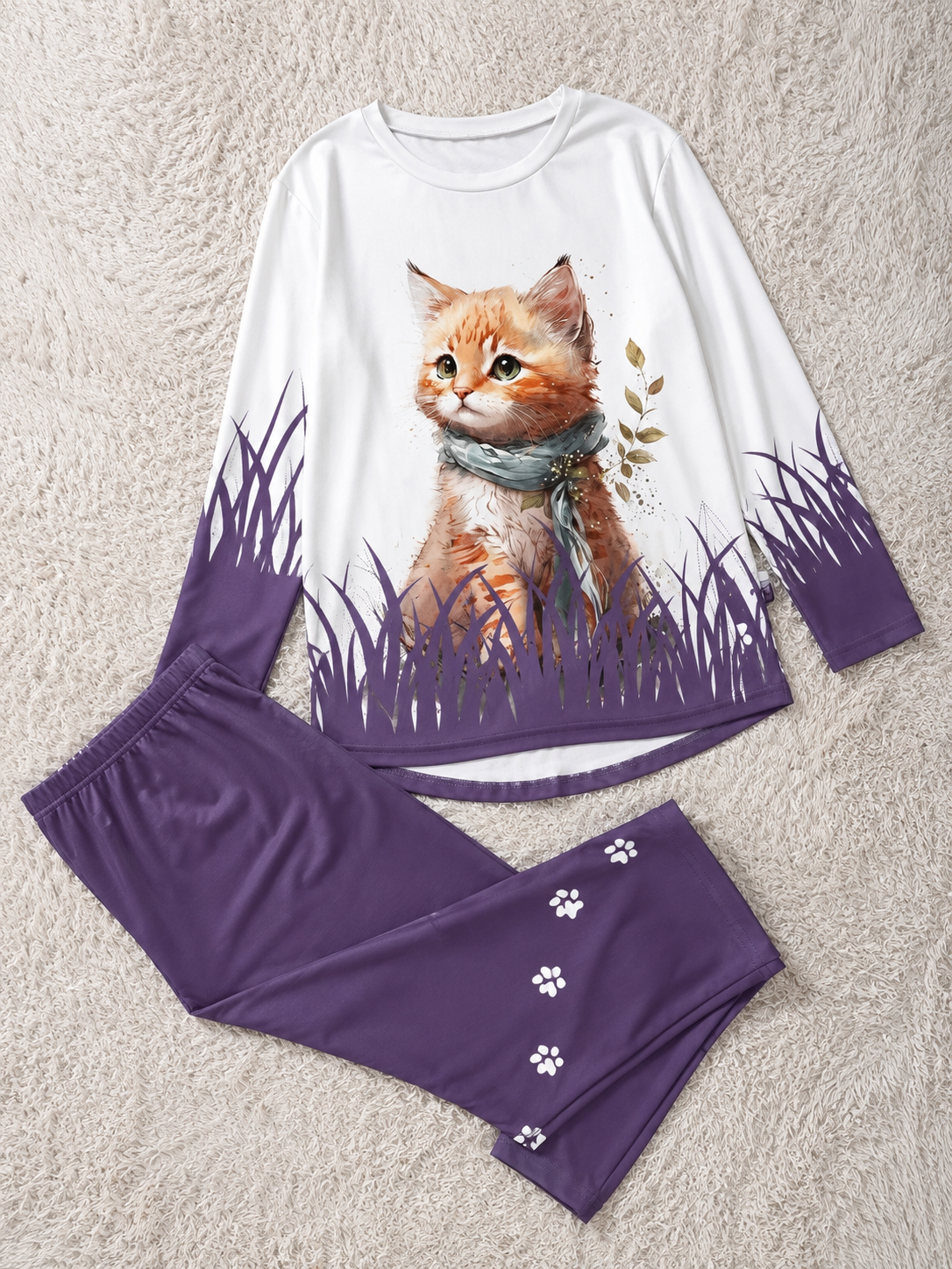Women's Plus Size Cat Print Casual 2-Piece Outfit | Long Sleeve Crew Neck Top & High Waist Lace-Up Pants | Spring & Autumn Co-Ord Set