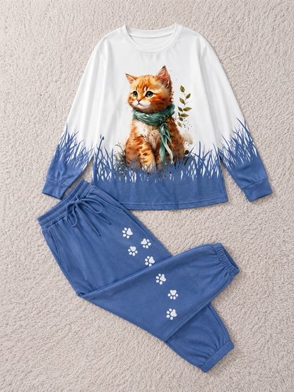 Women's Plus Size Cat Print Casual 2-Piece Outfit | Long Sleeve Crew Neck Top & High Waist Lace-Up Pants | Spring & Autumn Co-Ord Set
