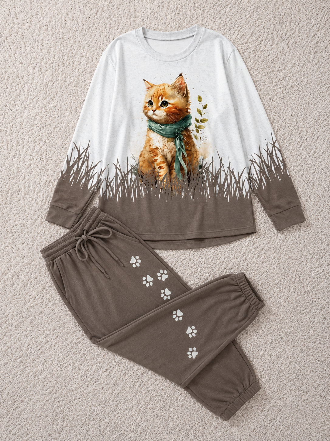 Women's Plus Size Cat Print Casual 2-Piece Outfit | Long Sleeve Crew Neck Top & High Waist Lace-Up Pants | Spring & Autumn Co-Ord Set