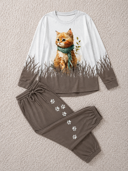 Women's Plus Size Cat Print Casual 2-Piece Outfit | Long Sleeve Crew Neck Top & High Waist Lace-Up Pants | Spring & Autumn Co-Ord Set