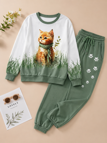 Women's Plus Size Cat Print Casual 2-Piece Outfit | Long Sleeve Crew Neck Top & High Waist Lace-Up Pants | Spring & Autumn Co-Ord Set
