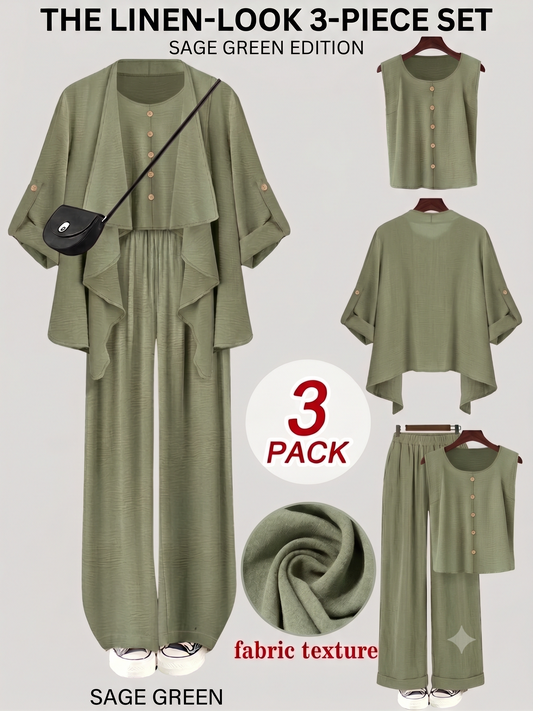 Elegant 3-Piece Co-Ord Set – Cardigan Jacket, Sleeveless Top & Relaxed Pants