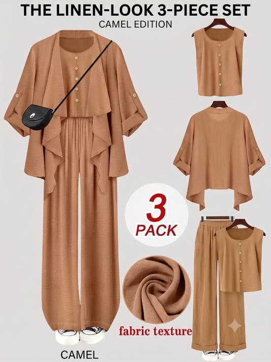 Elegant 3-Piece Co-Ord Set – Cardigan Jacket, Sleeveless Top & Relaxed Pants