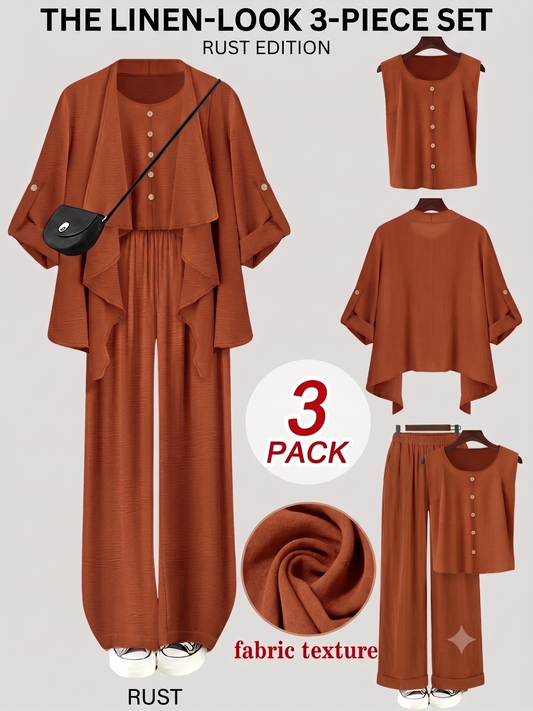 Elegant 3-Piece Co-Ord Set – Cardigan Jacket, Sleeveless Top & Relaxed Pants