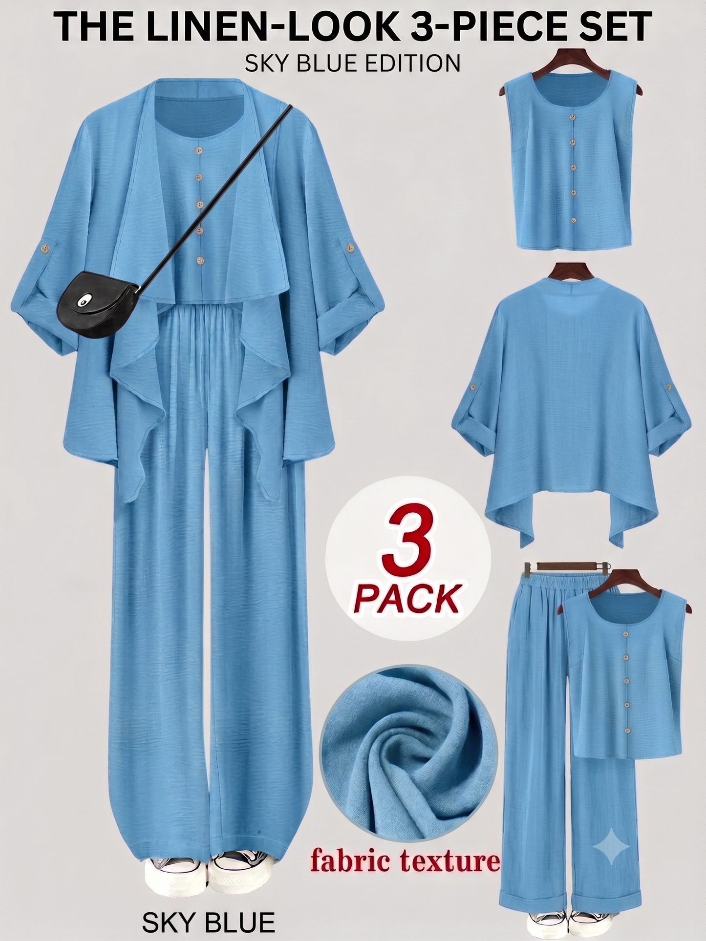 Elegant 3-Piece Co-Ord Set – Cardigan Jacket, Sleeveless Top & Relaxed Pants