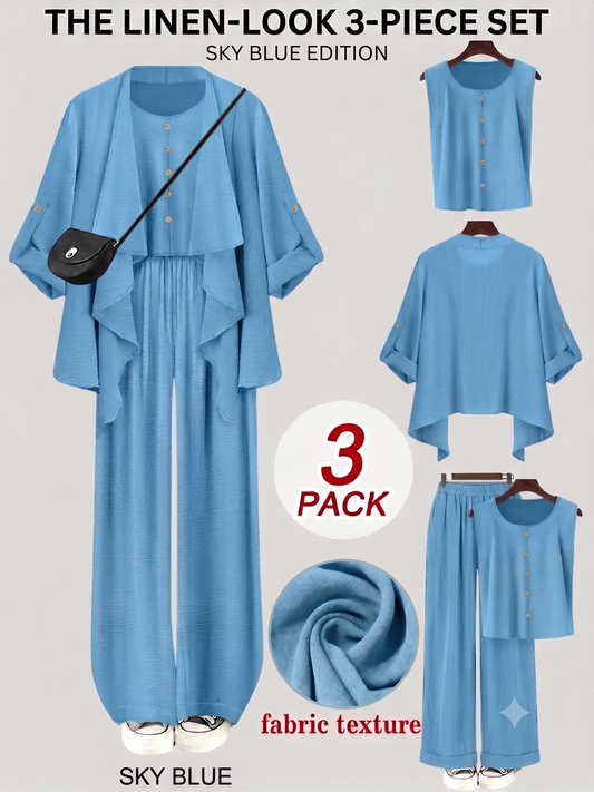 Elegant 3-Piece Co-Ord Set – Cardigan Jacket, Sleeveless Top & Relaxed Pants