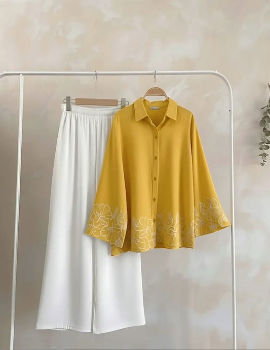 Women’s Floral Embroidered Shirt & Wide-Leg Pants Co-Ord Set