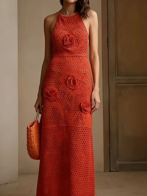 Women's Elegant Off-Shoulder Crochet Knit Maxi Dress with Flowy Ruffle Detail