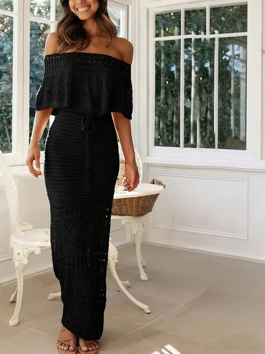 Women's Elegant Off-Shoulder Crochet Knit Maxi Dress with Flowy Ruffle Detail