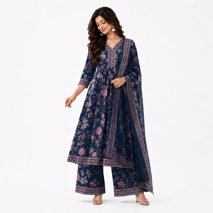 Women’s Navy Blue Floral Printed Anarkali Kurta Set with Palazzo & Dupatta