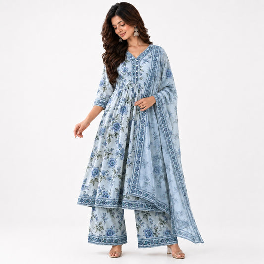 Women’s  Floral Printed Anarkali Kurta Set with Palazzo & Dupatta