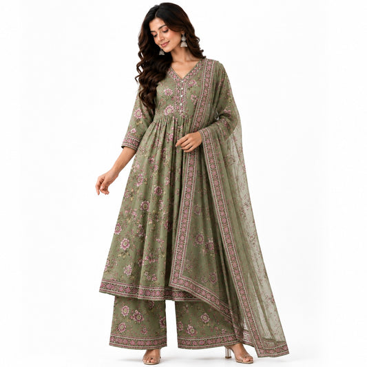 Women’s  Floral Printed Anarkali Kurta Set with Palazzo & Dupatta