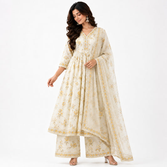 Women’s  Floral Printed Anarkali Kurta Set with Palazzo & Dupatta