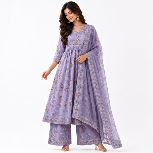 Women’s  Floral Printed Anarkali Kurta Set with Palazzo & Dupatta