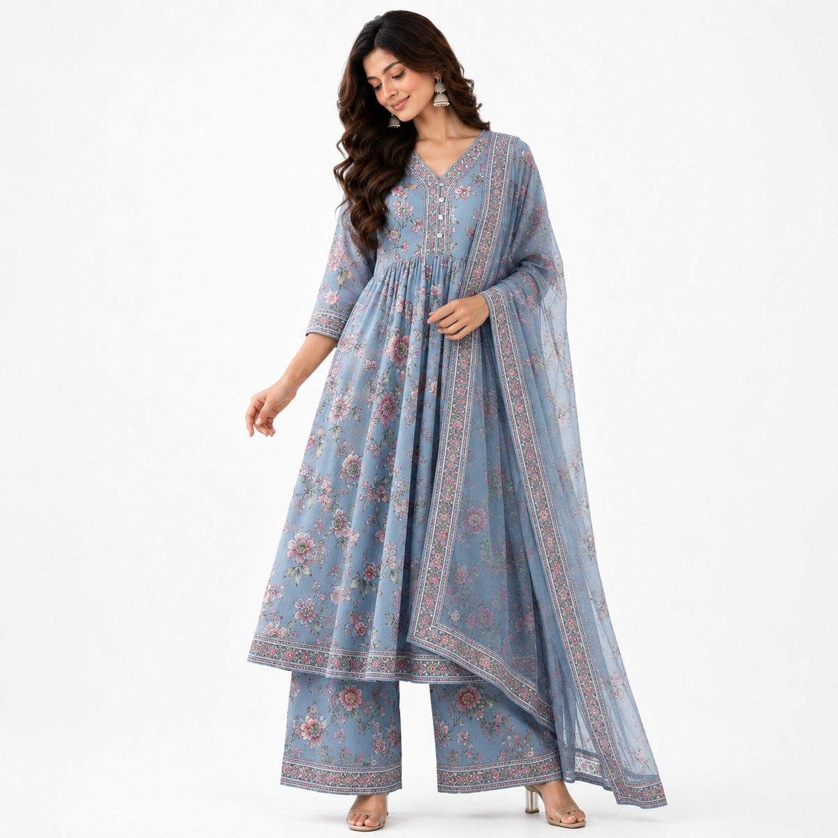 Women’s  Floral Printed Anarkali Kurta Set with Palazzo & Dupatta