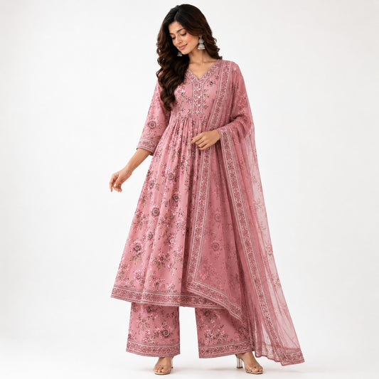 Women’s  Floral Printed Anarkali Kurta Set with Palazzo & Dupatta