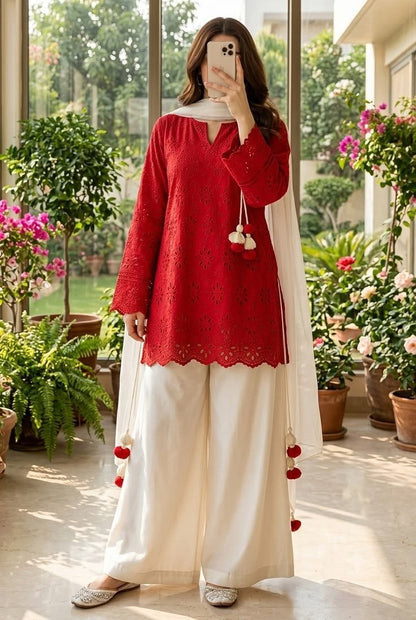 Women’s Embroidered Kurti Palazzo Set with Dupatta