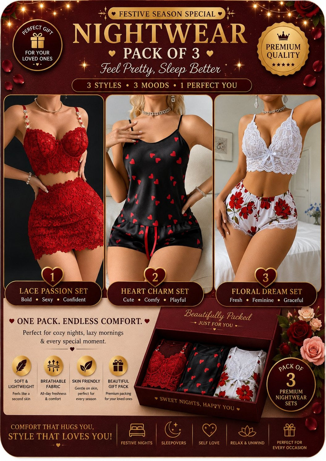 Women’s Nightwear Set – Pack of 3