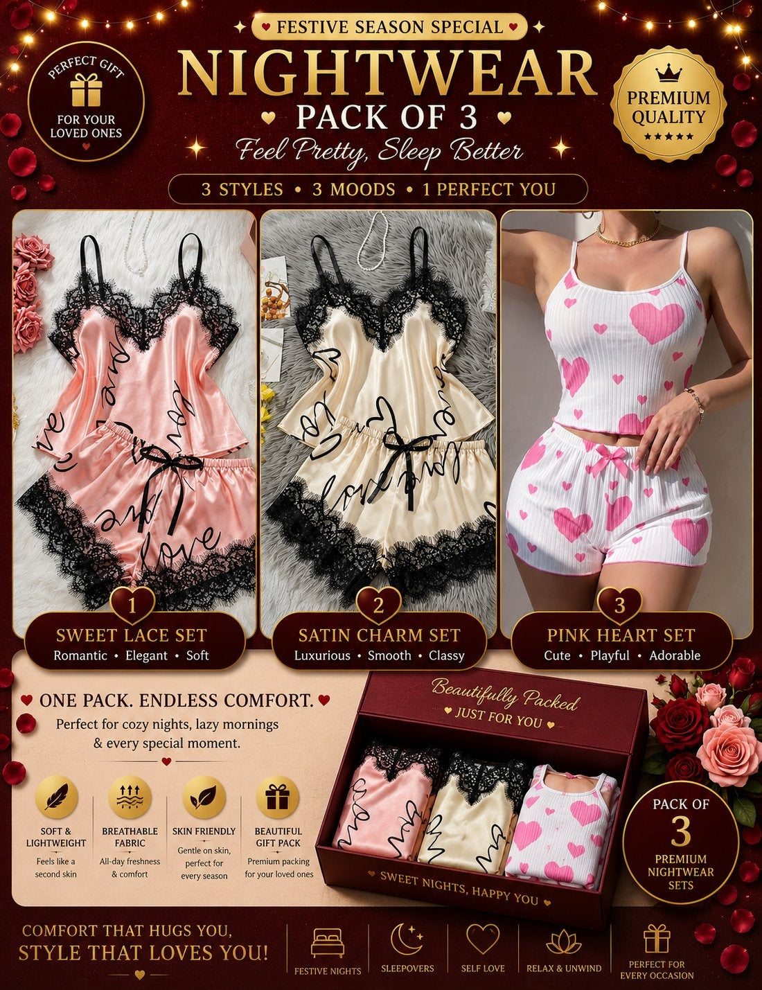 Women’s Nightwear Set – Pack of 3