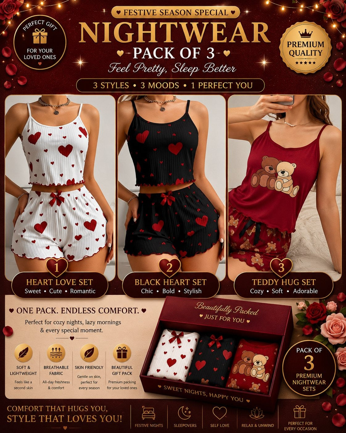 Women’s Nightwear Set – Pack of 3