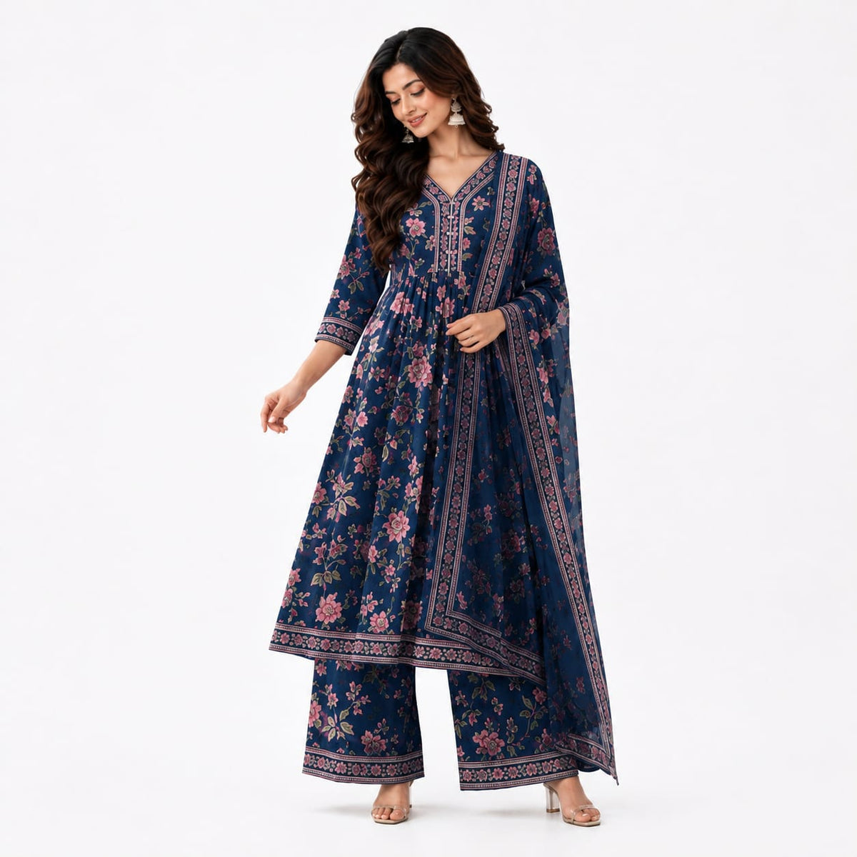 Women’s Navy Blue Floral Printed Anarkali Kurta Set with Palazzo & Dupatta