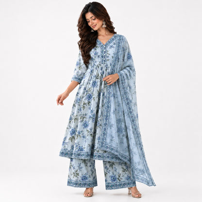 Women’s  Floral Printed Anarkali Kurta Set with Palazzo & Dupatta