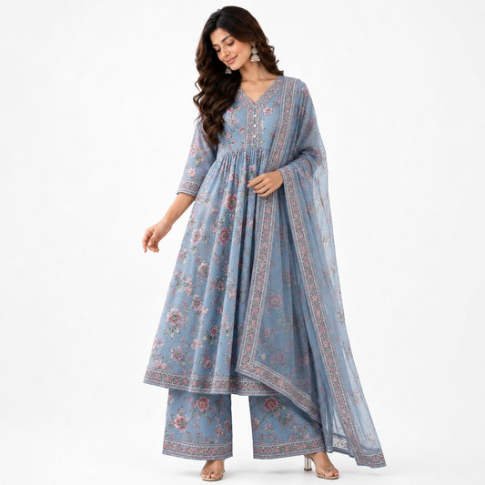 Women’s  Floral Printed Anarkali Kurta Set with Palazzo & Dupatta