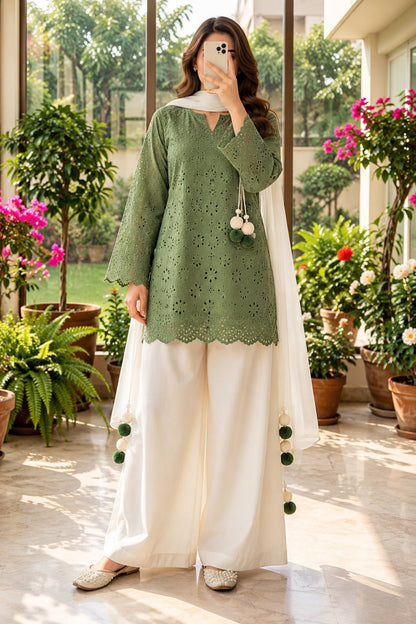 Women’s Embroidered Kurti Palazzo Set with Dupatta