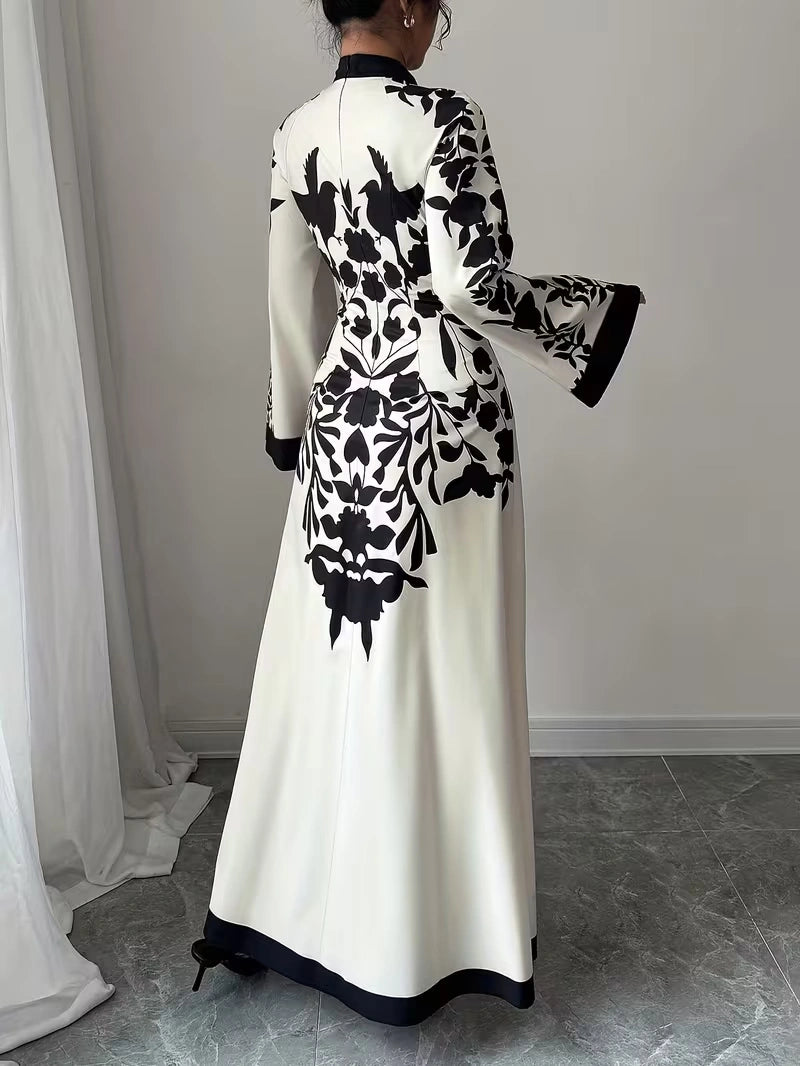 Women's Elegant Floral Print Maxi Dress | Long Sleeve A-Line Party & Evening Dress