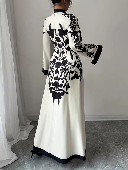 Women's Elegant Floral Print Maxi Dress | Long Sleeve A-Line Party & Evening Dress