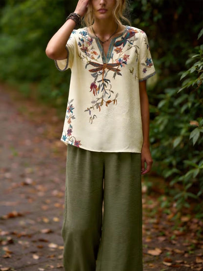 Women's Vintage Floral Wide-Leg Co-Ord Set – Elegant 2-Piece Outfit