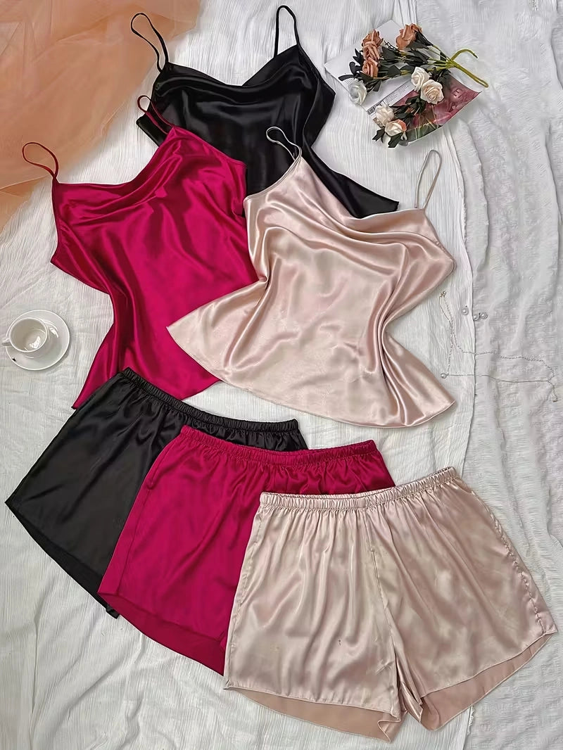 Women's 3-Piece Satin Pajama Set with Button-Up Shirt & Relaxed Shorts