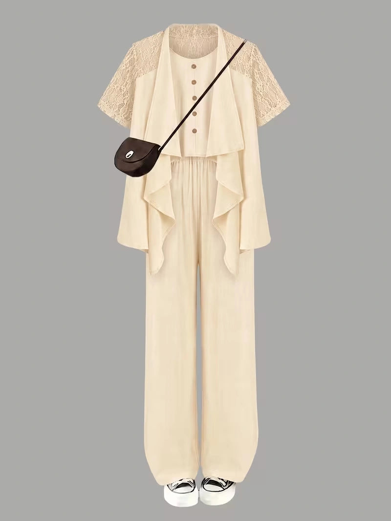 Elegant 3-Piece Co-Ord Set – Cardigan Jacket, Sleeveless Top & Relaxed Pants