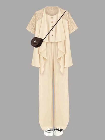 Elegant 3-Piece Co-Ord Set – Cardigan Jacket, Sleeveless Top & Relaxed Pants