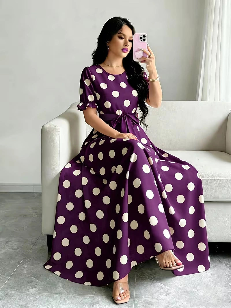 Women's Timeless Polka Dot Midi Dress – Puff Sleeve Belted Fit & Flare Dress