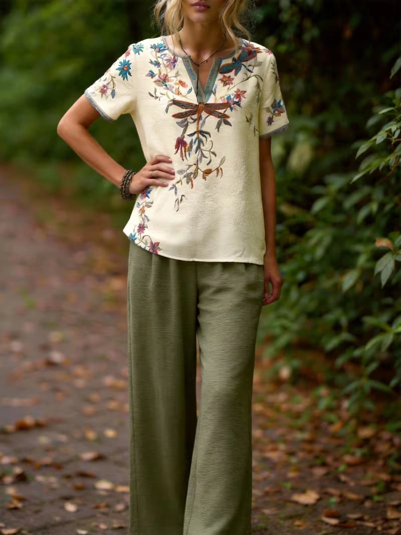 Women's Vintage Floral Wide-Leg Co-Ord Set – Elegant 2-Piece Outfit