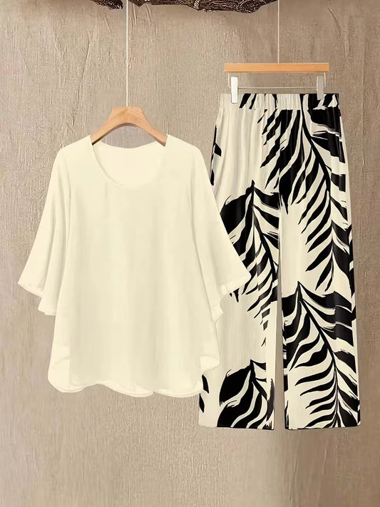 Chiffon Co-Ord Set – Batwing Sleeve Loose Top & Wide-Leg Pants (2-Piece)