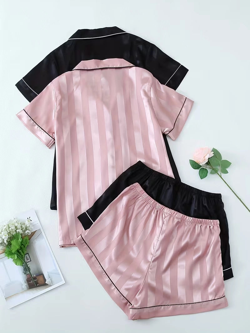 Women's 2-Piece Satin Stripe Pajama Set with Button-Up Shirt & Relaxed Shorts