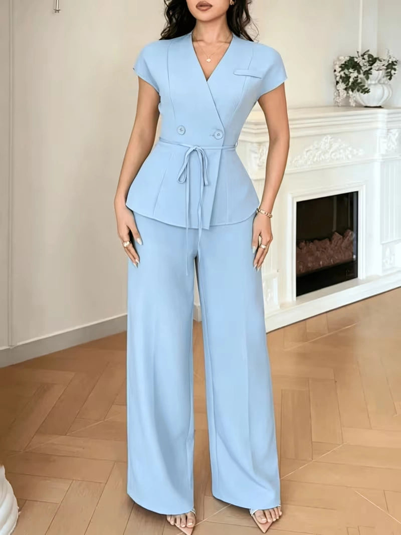 Elegant Flared Sleeve Belted Co-Ord Set for Women