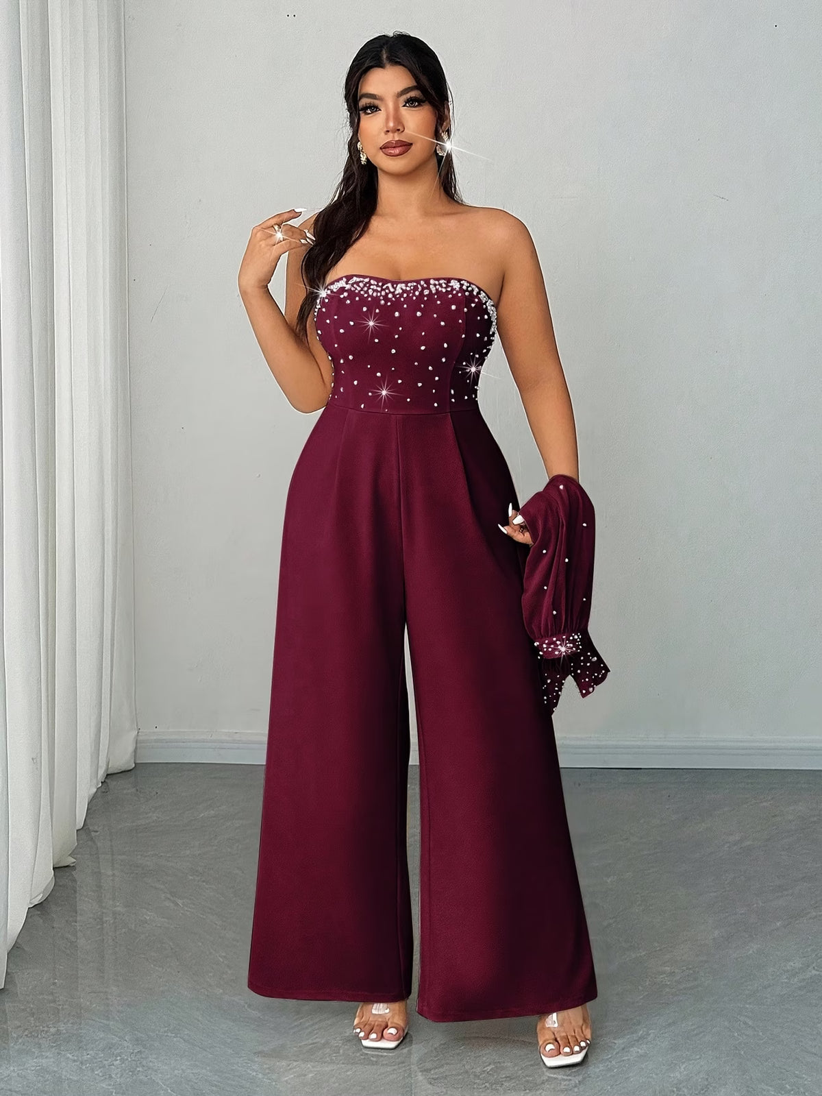 Women’s Maroon Embellished Cape Sleeve Wide-Leg Jumpsuit
