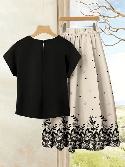 Women's Summer Casual Skirt Co-Ord Set | Solid Top & Printed Skirt 2-Piece Outfit