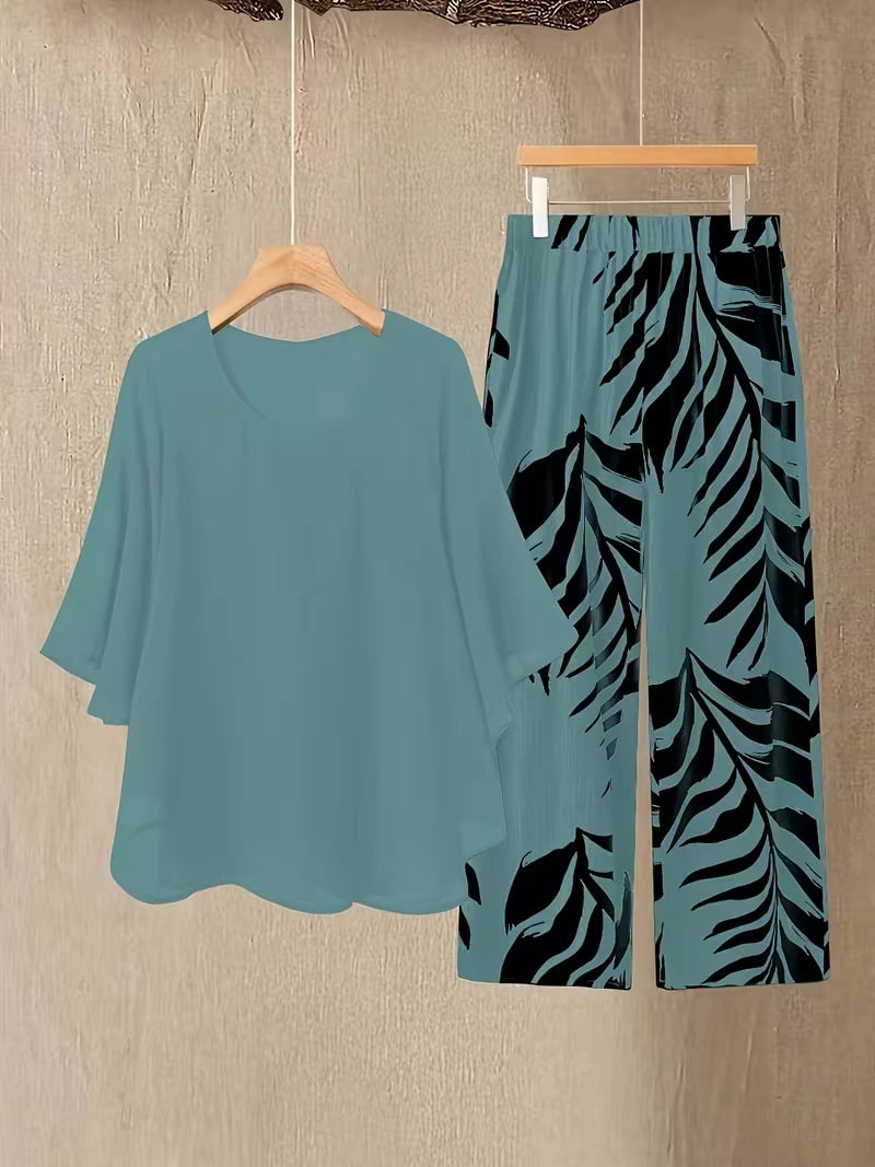 Chiffon Co-Ord Set – Batwing Sleeve Loose Top & Wide-Leg Pants (2-Piece)