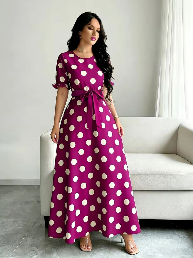 Women's Timeless Polka Dot Midi Dress – Puff Sleeve Belted Fit & Flare Dress