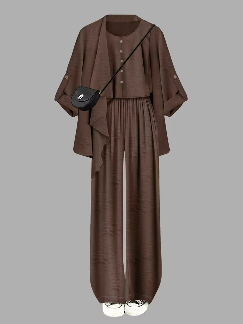 Elegant 3-Piece Co-Ord Set – Cardigan Jacket, Sleeveless Top & Relaxed Pants