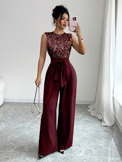 Women’s Maroon Sequin Top & Wide-Leg Palazzo Pants Set