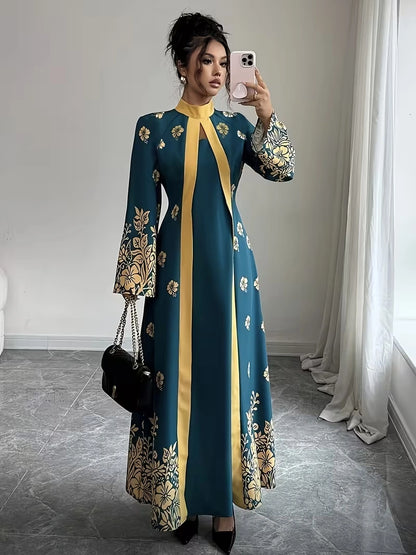Women's Elegant Floral Print Maxi Dress | Long Sleeve A-Line Party & Evening Dress