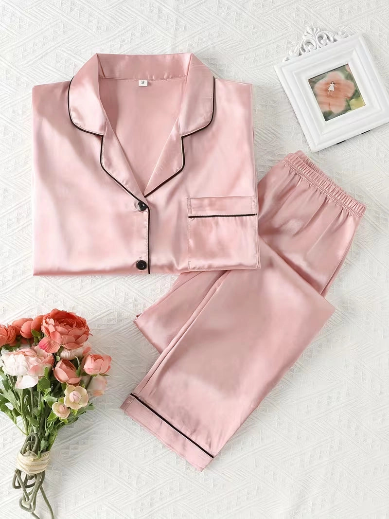 Women's 2-Piece Satin Stripe Pajama Set with Button-Up Shirt & Relaxed Shorts
