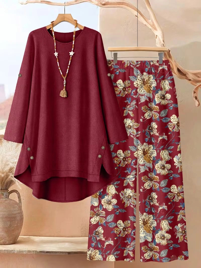 Plus Size Floral Elegance Co-Ord Set with Asymmetrical Tunic & Wide-Leg Pants