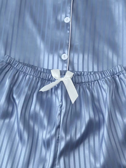Women's 2-Piece Satin Stripe Pajama Set with Button-Up Shirt & Relaxed Shorts