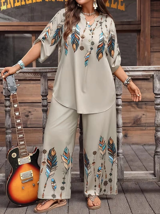 Plus Size Vintage Print Co-Ord Set – Relaxed Long Sleeve Top & Wide-Leg Pants